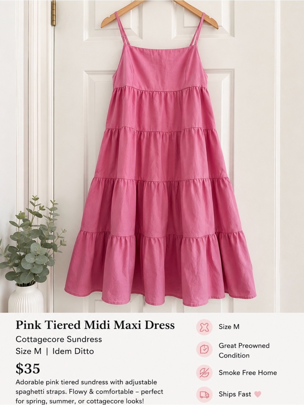 Pink Tiered Midi Maxi Dress Cottagecore Sundress Size M | Idem Ditto